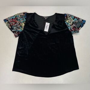 Sugar & Lips Sequin Velvet Top Women Small Short Sleeve Black Multicolor NWT